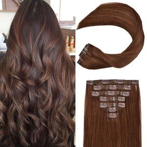 16" 100% Human Hair Clip In Extensions 7pcs 120g #2 Dark Brown
